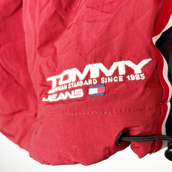 Y2K Tommy Hilfiger Mens Pullover Anorak Jacket Hoodie Red Gray XXL Spellout - Picture 6 of 13